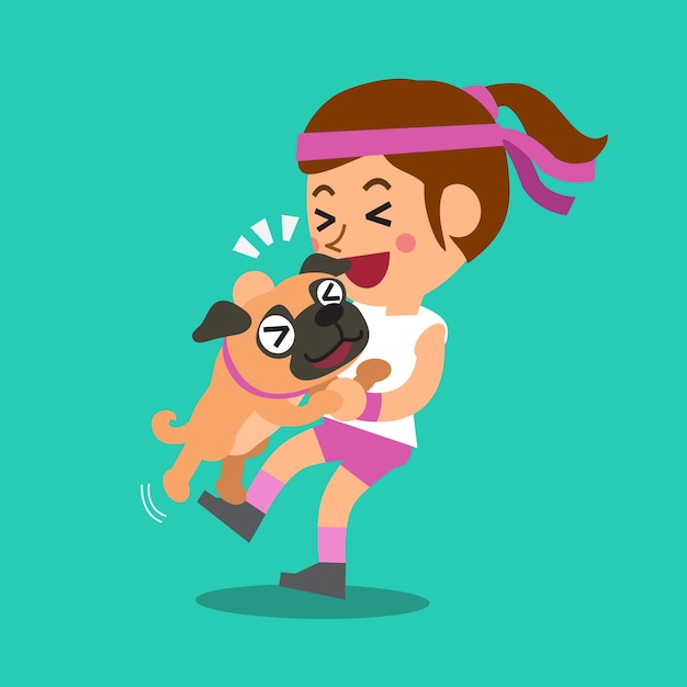 Vector cartoon woman with pug dog