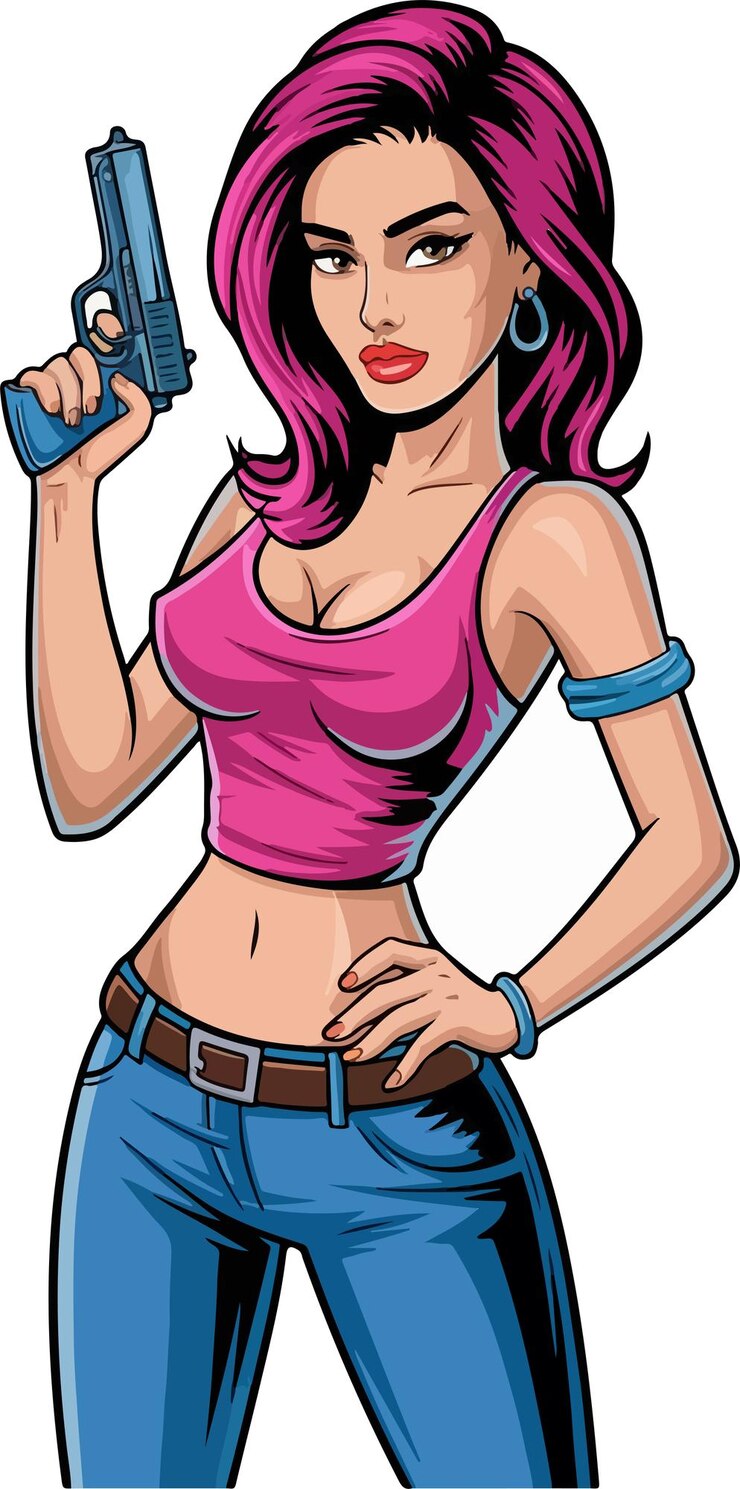 Vector a cartoon woman with purple hair holding a dumbbell