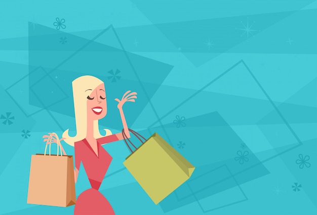 Vector cartoon woman with shopping bag big sale banner