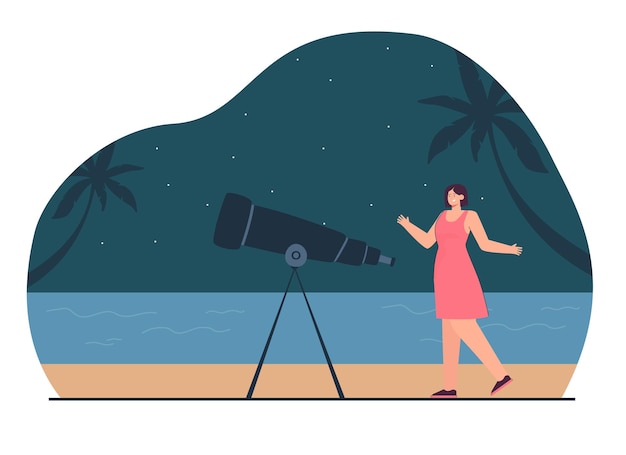 Cartoon woman with telescope on beach at night