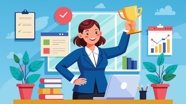a cartoon of a woman with a trophy in her hand