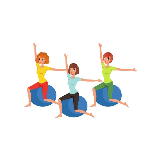 Персонажи мультфильмов делают упражнения с фитнес-мячом люди в тренажерном зале три молодые девушки в спортивной одежде здоровый образ жизни физическая активность плоский векторный дизайн