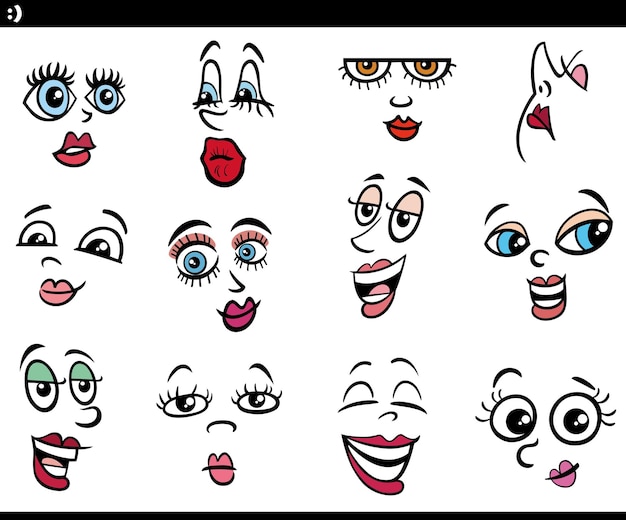 Cartoon women characters faces or design elements set