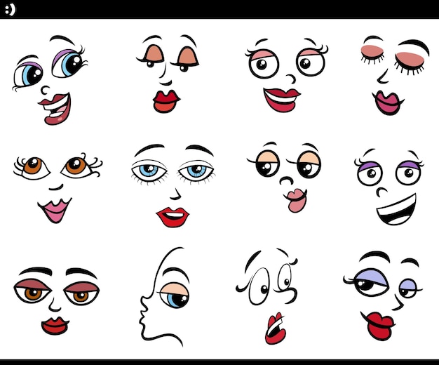 Cartoon women characters faces or design elements set