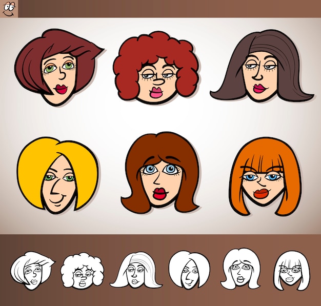 cartoon women heads set illustration