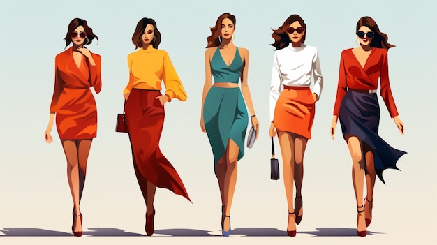 Vector a cartoon of women with different outfits and one has a red skirt