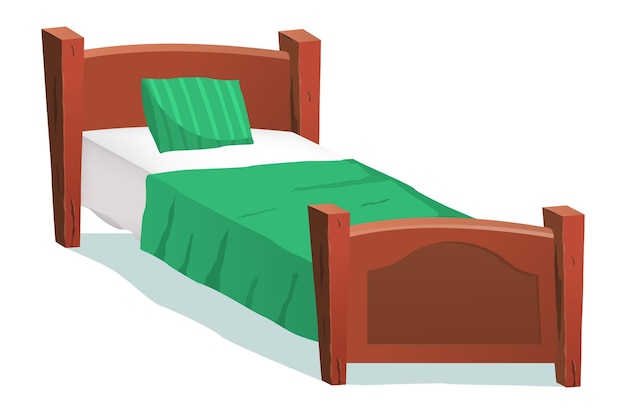 Cartoon Wood Bed With Green Blanket Illustration of a cartoon wooden children bed for teenage.