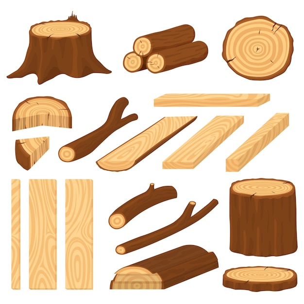 Cartoon wood logs Material wooden timber cracks tree log Stump and trunk cracked surface Vintage isolated plank pile piece recent vector set