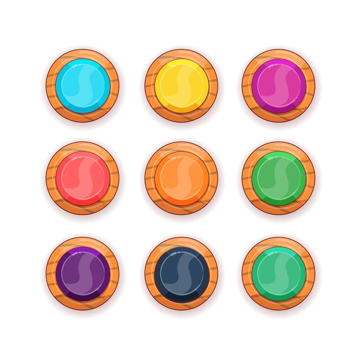 Cartoon wooden buttons set for mobile games Vector wood round shapes icons
