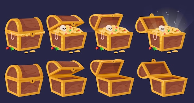 cartoon wooden chest animation fabulous pirate treasure gold coins and gems precious stones closed or opened containers empty and full boxes with antique wealth recent vector concept
