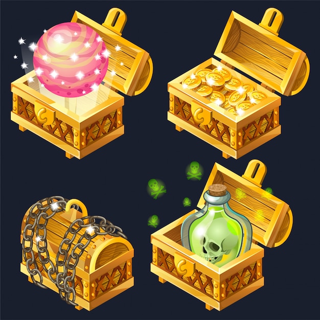 Cartoon wooden isometric chests with treasures.