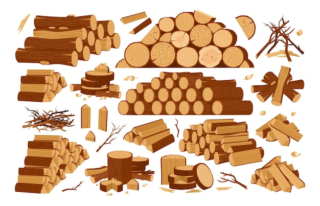 Мультфильм деревянные бревна дрова сваи и сложенные костер дрова векторные символы иллюстрации набор