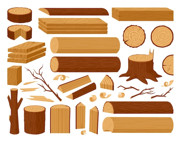 Cartoon wooden logs tree trunks planks wood industry materials vector illustration set