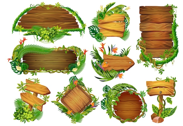 만화 나무 패널입니다. 열대 덩굴 식물과 식물이 있는 게임 포인터와 정보 테이블, 정글 숲의 간판. 벡터 일러스트 레이 션 나무 레이블 어두운 배경에 설정