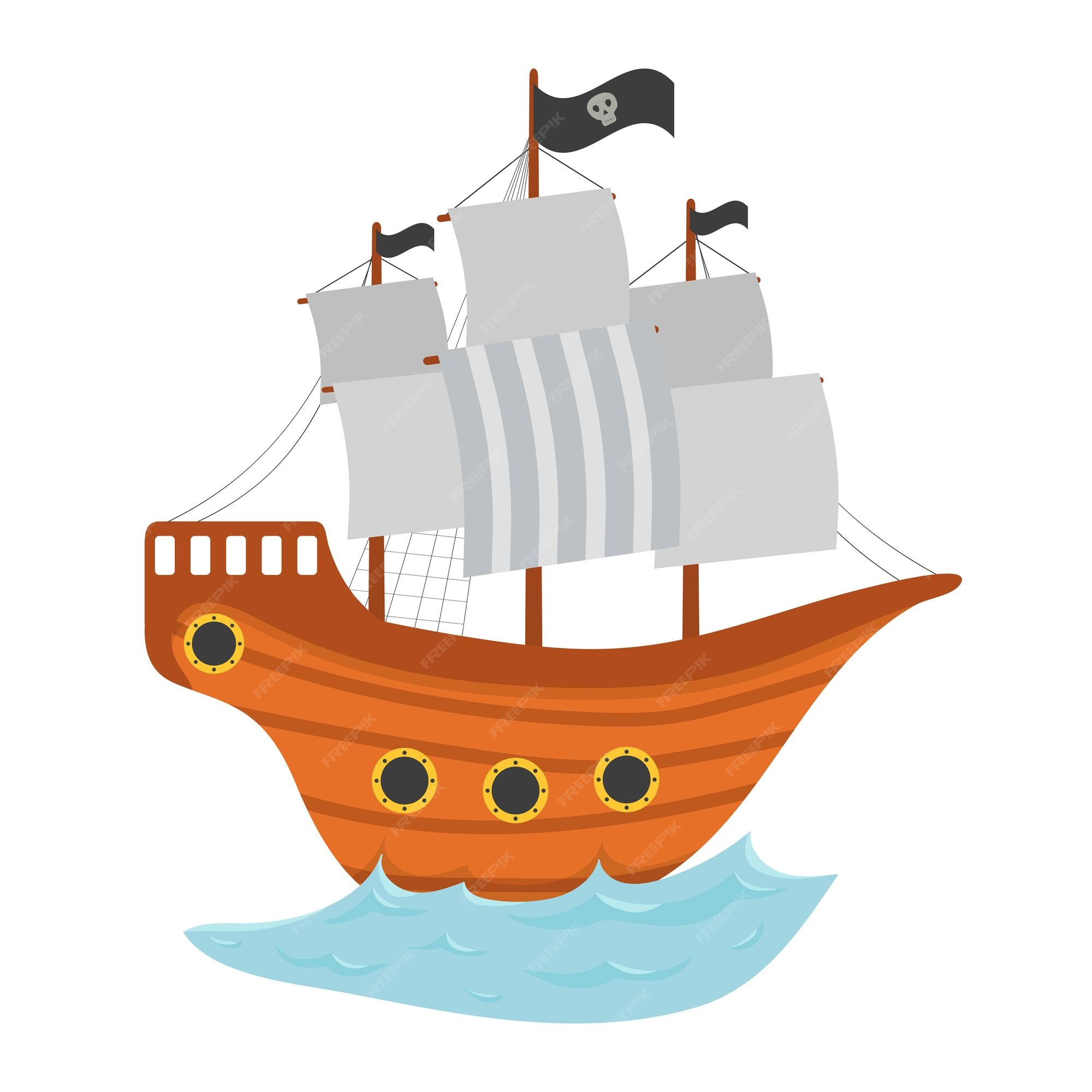 Premium Vector | Cartoon wooden pirate ship with black flags with skull and  crossbones