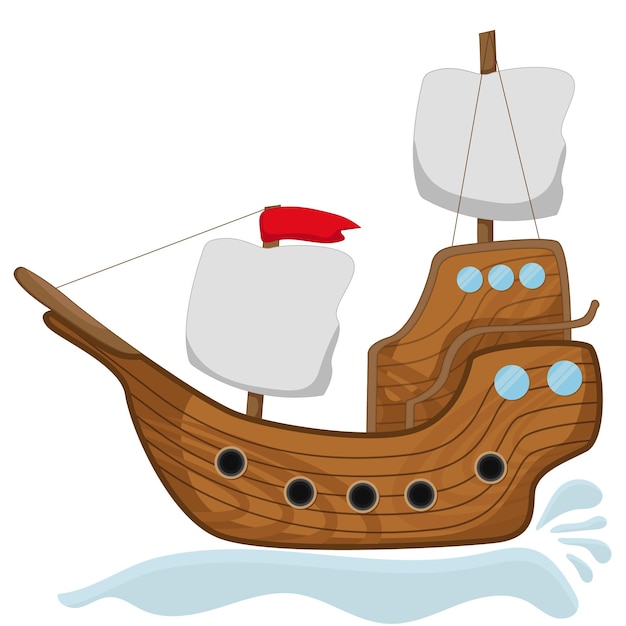 Cartoon wooden ship travel with white sails and flag. isolated on white background Flat style vector