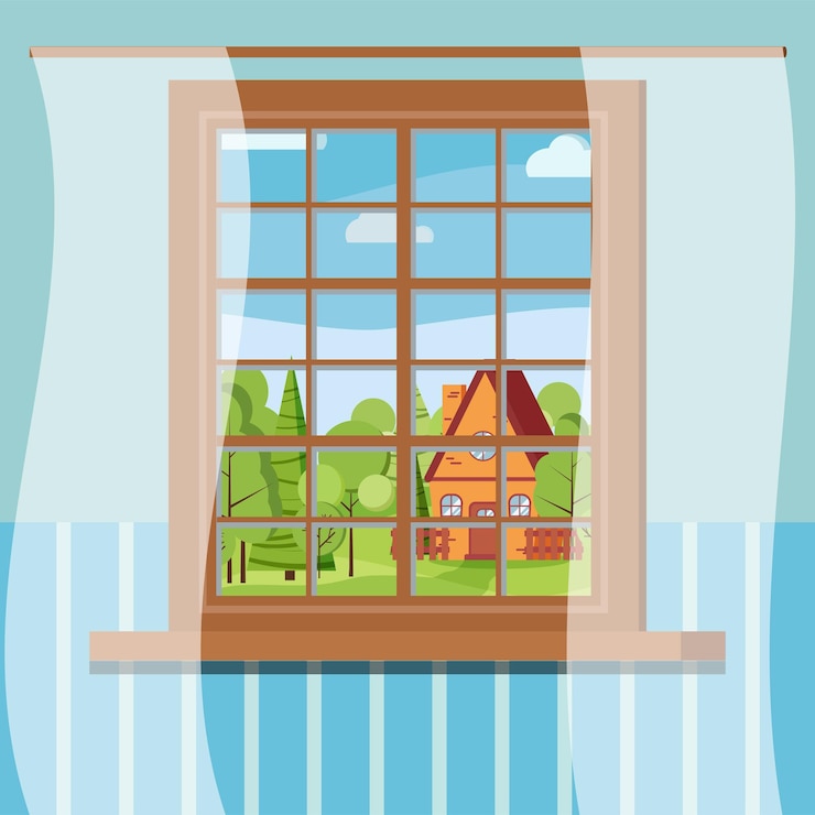 Vector cartoon wooden window view in flat style sunny day scene.