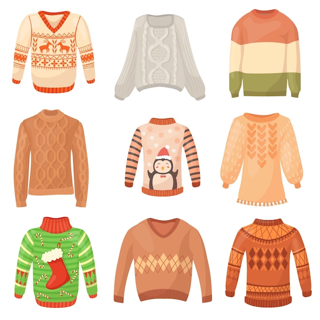 Vettore maglione di lana dei cartoni animati maglioni a maglia calda felpa per bambini abbigliamento invernale autunno cardigan pullover carino indumento morbido diversi colori maglioni brutti set illustrazione vettoriale ordinata