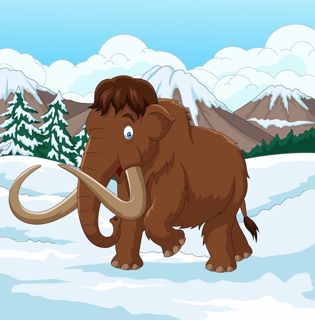 Вектор Мультфильм woolly mammoth, идущий по снежному полю