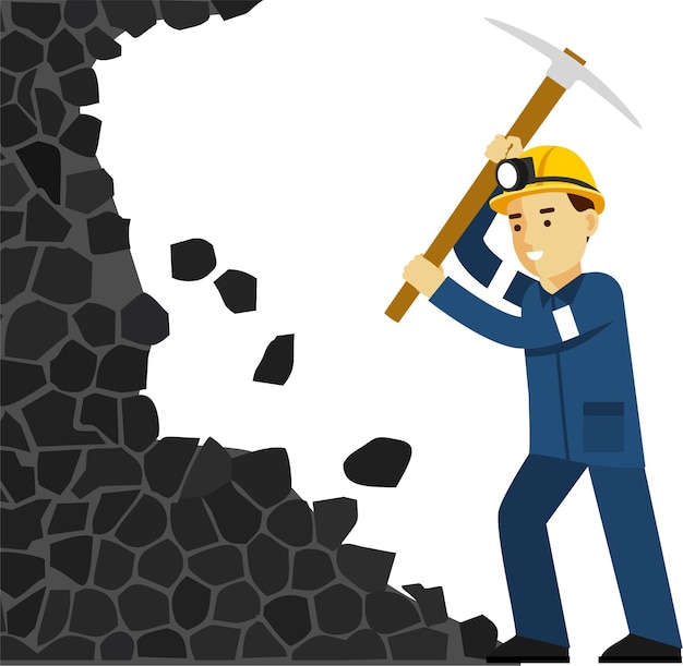 A cartoon of a worker with a pickaxe in front of a wall.