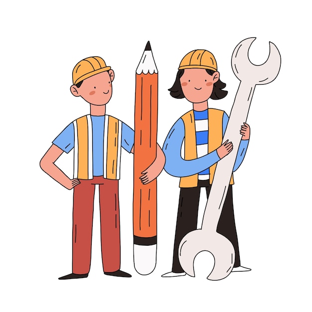 Vector cartoon workers characters for engineer day hand drawn flat illustration in minimal style isolated.