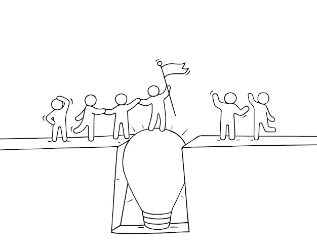 Cartoon working little people cross the abyss. Doodle cute miniature scene of team on the bridge like lamp idea. Hand drawn vector illustration for business design and infographic.