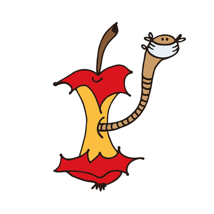 Vector cartoon worm in apple core in face mask in selfisolation hand drawn color vector illustration