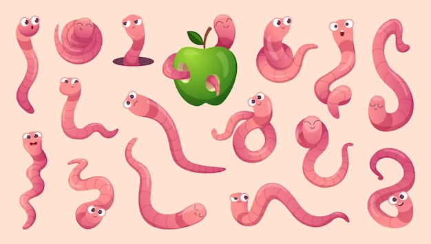 Vector cartoon worms creeping crawlers and bugs with smiling faces exact vector worms collection illustration of worm creep and cartoon earthworm