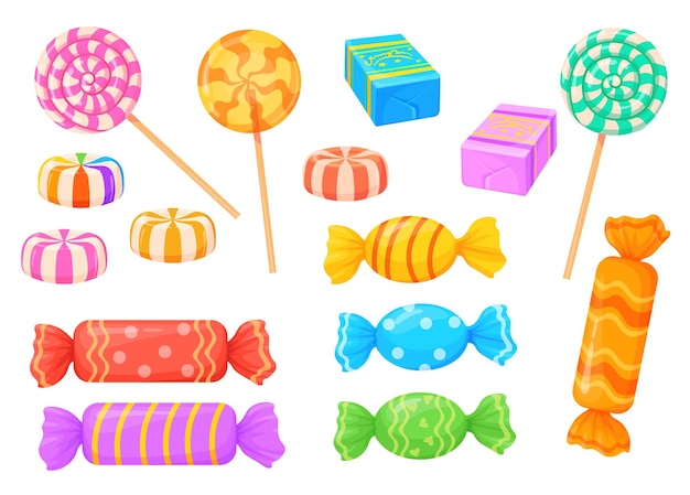 Cartoon wrapped candy Caramel bonbon sweet lollipops snacks chocolate and fruit sweets for kids tasty sugar confectioner childish dessert food birthday neat vector illustration