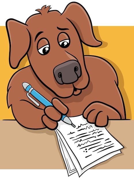 Cartoon writer or poet dog writting on paper