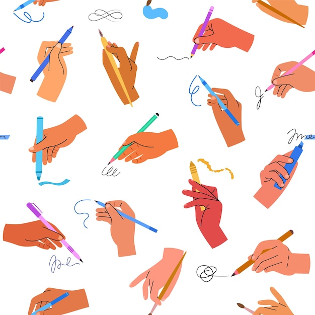 Мультяшное письмо и рисование рук Человеческие руки с различными канцелярскими принадлежностями, карандаши, кисти и каллиграфическая ручка, векторный бесшовный рисунок
