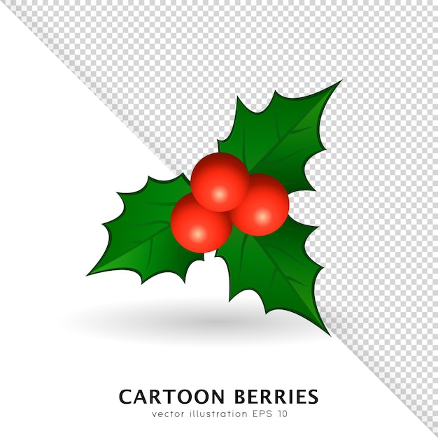 Cartoon Xmas red holly berries with bright green leaves. Vector poinsettia twig, mistletoe branch