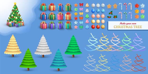 Cartoon Xmas tree creation kit. Set of holiday decorations -  trees, tinsel, gifts, balls, stars,etc