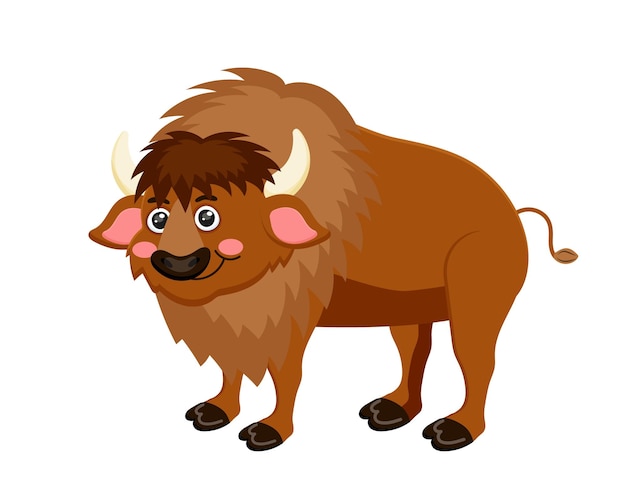 Vector cartoon yak leuk dier personage bruine wilde zoogdier zoo koe shaggy buffel grote bison enkele os grote staande os leuke boerderij huisdieren kunst geïsoleerd op witte achtergrond vector illustratie