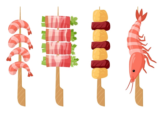 벡터 만화 야키토리는 해산물 새우와 고기 야키토리 꼬치가 포함된 아시아 패스트푸드 요리를 흰색 배경에 평평한 벡터 삽화로 설정합니다.