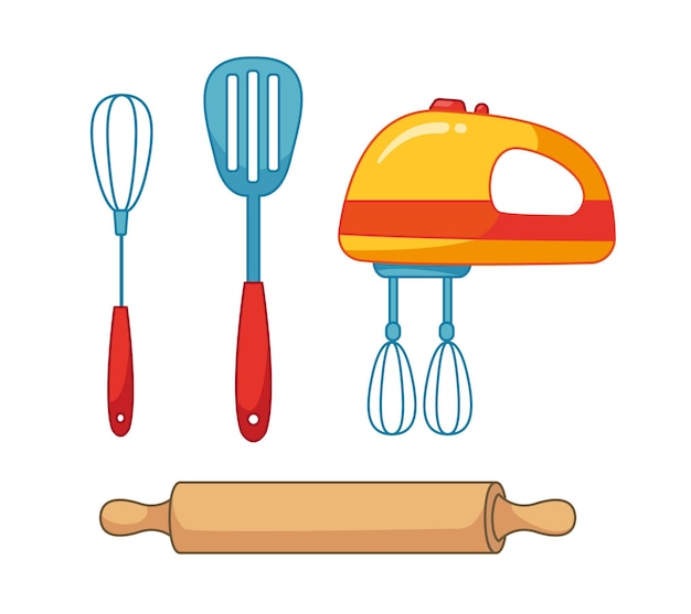 Cartoon yellow hand mixer rolling pin kitchen utensils set Vector illustration of kitchen appliances