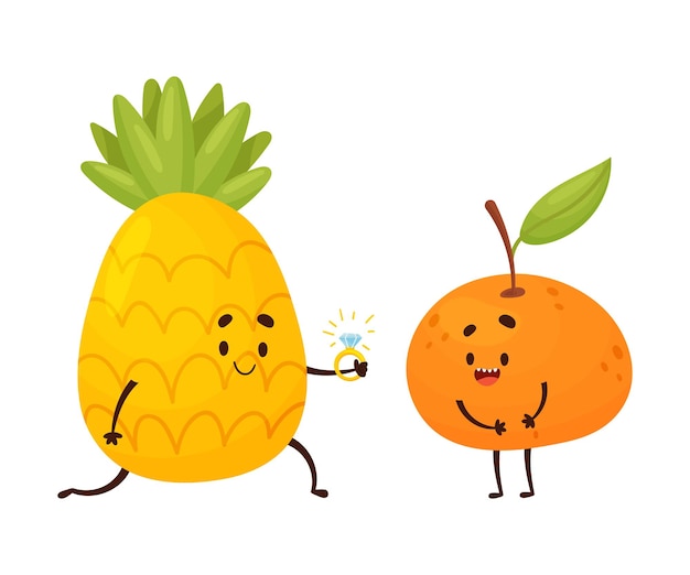 Cartoon yellow pineapple gives a diamond ring to an orange mandarin Vector illustration