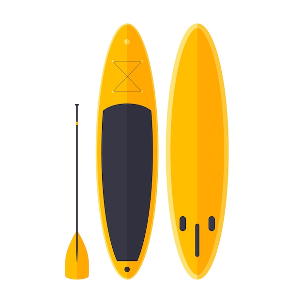 Vector cartoon yellow surfer with paddle. sup for skating on ocean waves.