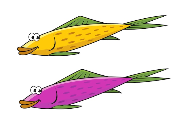 Vector cartoon yellow and violet fish characters