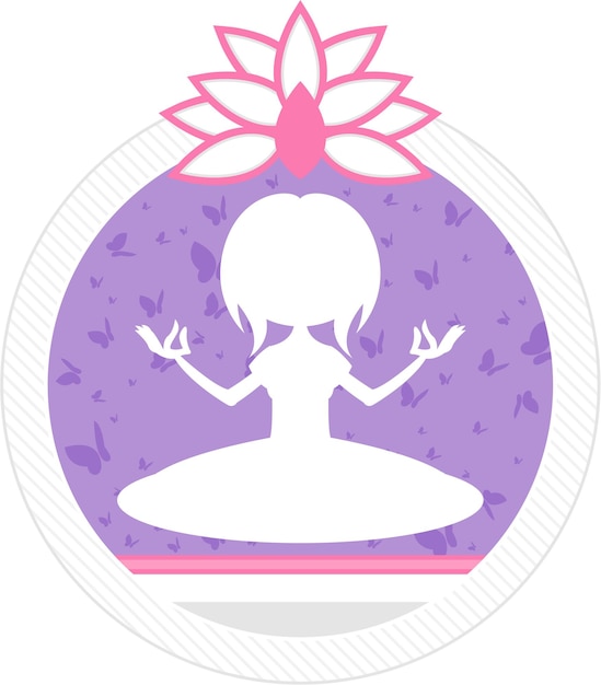 Vector cartoon yoga girl with butterflies and lotus flower in silhouette illustration