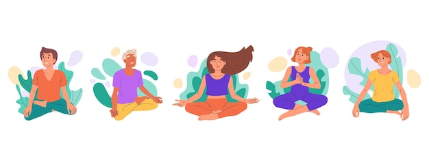 Вектор Мультяшная йога-медитация расслабляющие персонажи в позе лотоса плоские векторные символы иллюстрация