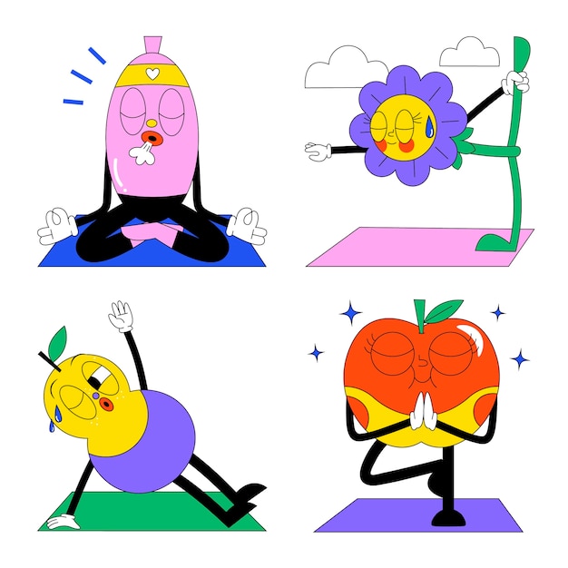 Vector cartoon yoga poses stickers collection