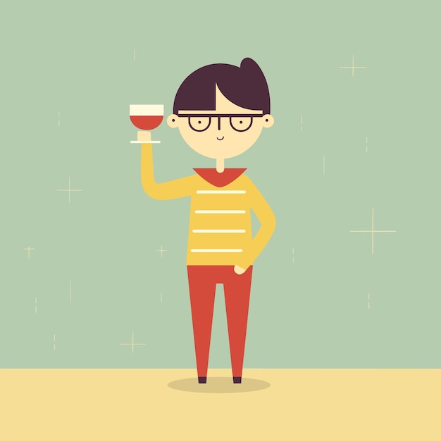 Cartoon young adult with glasses holding a glass of wine casual striped shirt cheerful party mood