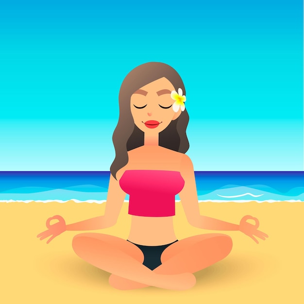 Cartoon young beautiful girl on beach practicing yoga