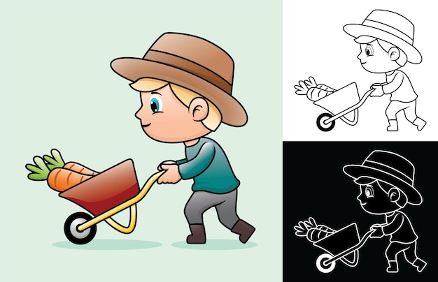 Vector cartoon of young boy farmer carrying big carrot using cart