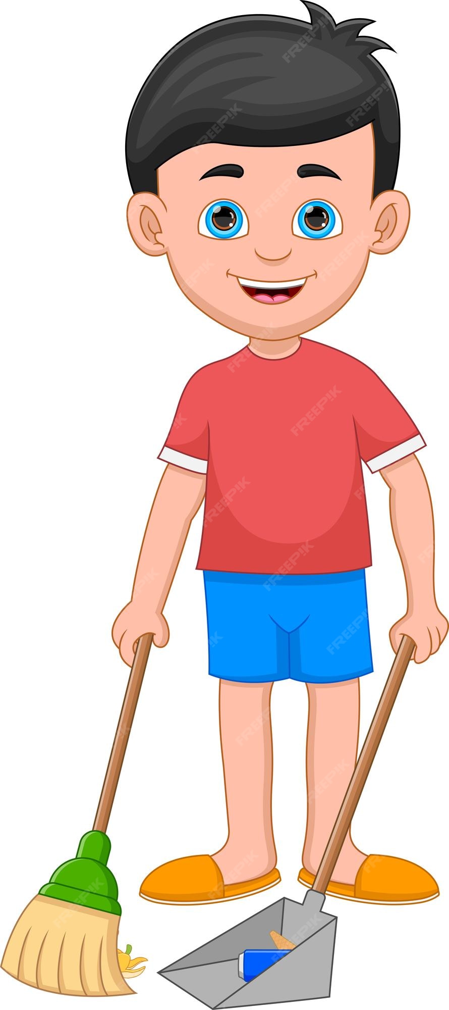 Premium Vector | Cartoon young boy sweeping floor Premium Vector | Cartoon young boy sweeping floor