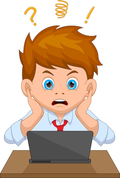 Cartoon young businessman shocked in front of the laptop