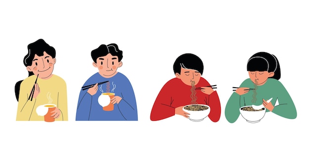 라면과 함께 점심을 먹는 만화 젊은 부부. 사람들은 맛있는 아시아 요리를 즐깁니다. 격리 된 흰색 배경에 화려한 벡터 일러스트 레이 션.