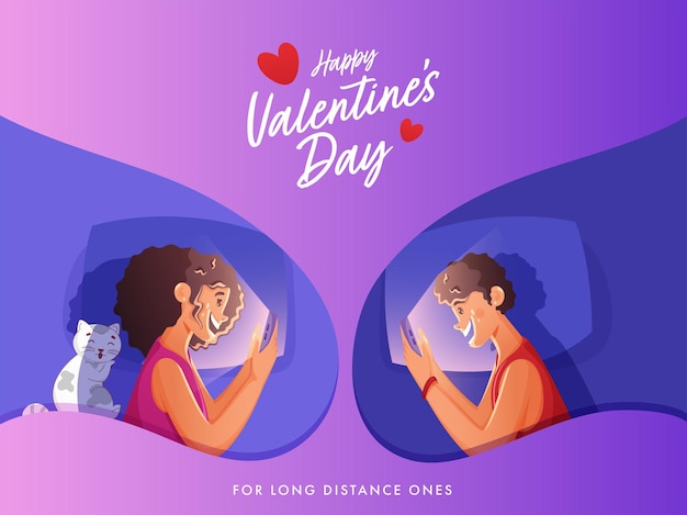Giovani coppie del fumetto che interagiscono sulla videochiamata tramite smartphone, illustrazione del gatto sveglio per il giorno di san valentino felice.