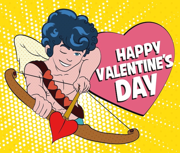 Cartoon young Cupid aiming with arrow and bow in pop art style